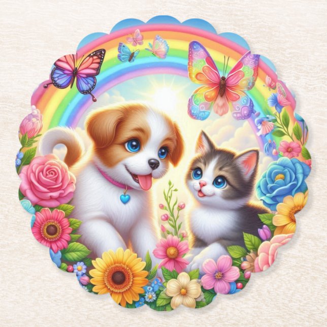 Cute/whimsical puppy/kitten rainbow paper coaster (Front)