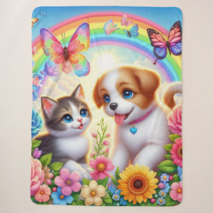Cute/whimsical puppy/kitten rainbow sherpa blanket