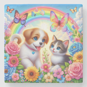 Cute/whimsical puppy/kitten rainbow stone coaster