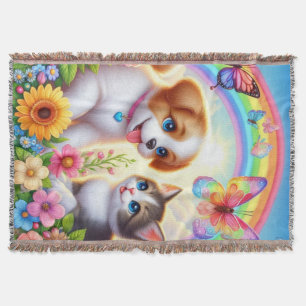 Cute/whimsical puppy/kitten rainbow throw blanket