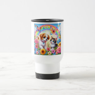 Cute/whimsical puppy/kitten rainbow travel mug