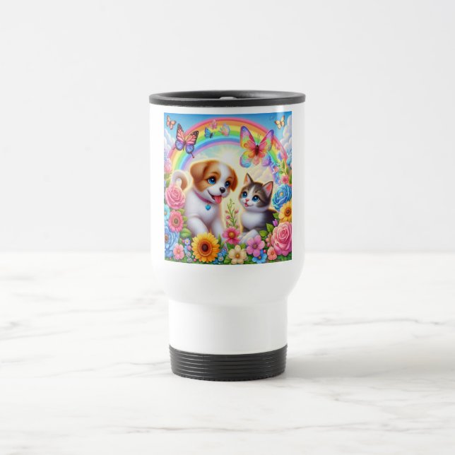 Cute/whimsical puppy/kitten rainbow travel mug (Center)