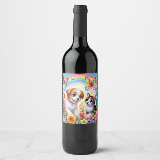 Cute/whimsical puppy/kitten rainbow wine label (Front)