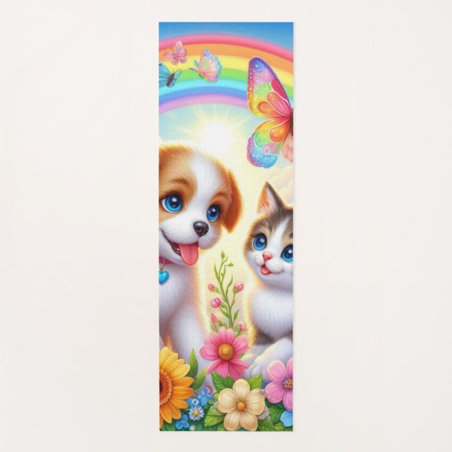 Cute/whimsical puppy/kitten rainbow yoga mat (Front)