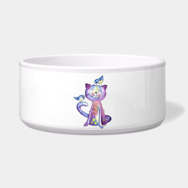 Cute Whimsical Purple Cat with Birds (Front)