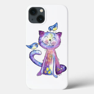 Cute Whimsical Purple Cat with Birds iPhone 13 Case