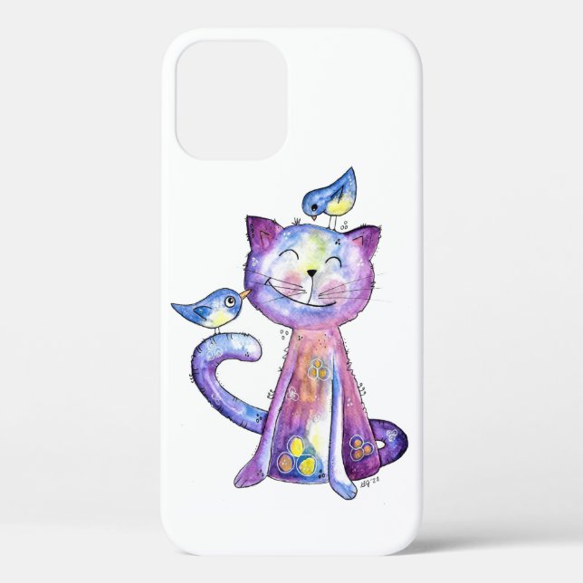 Cute Whimsical Purple Cat with Birds Case-Mate iPhone Case (Back)