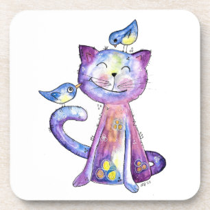 Cute Whimsical Purple Cat with Birds Coaster