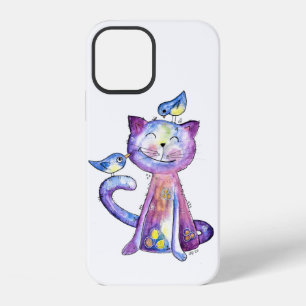 Cute Whimsical Purple Cat with Birds iPhone 12 Case