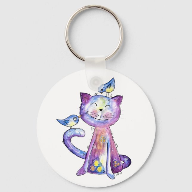 Cute Whimsical Purple Cat with Birds Key Ring (Front)
