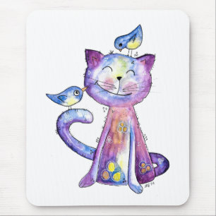 Cute Whimsical Purple Cat with Birds Mouse Mat