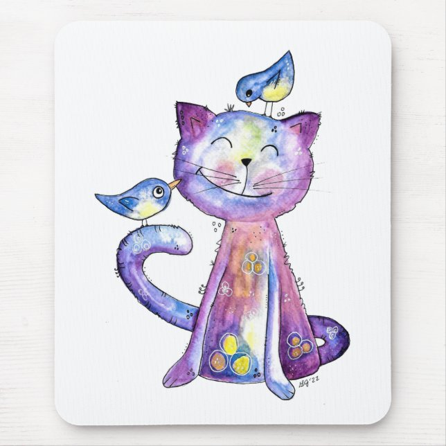 Cute Whimsical Purple Cat with Birds Mouse Mat (Front)