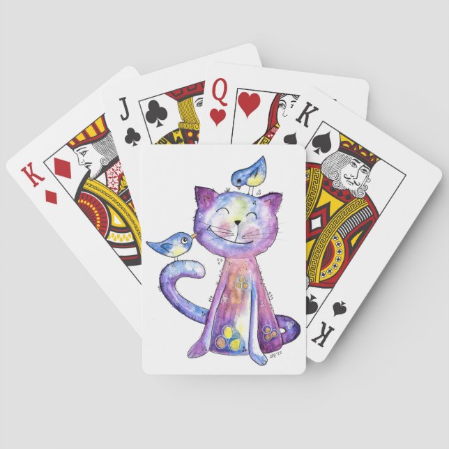 Cute Whimsical Purple Cat with Birds Playing Cards (Back)