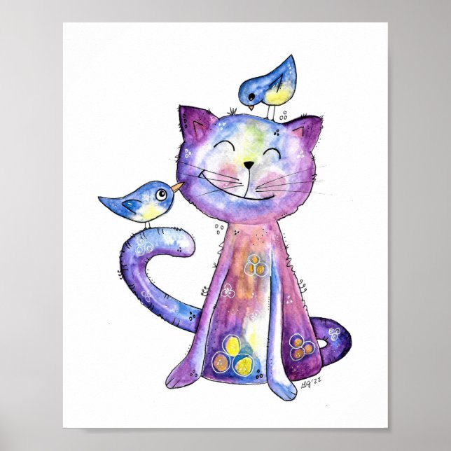 Cute Whimsical Purple Cat with Birds Poster (Front)