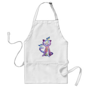 Cute Whimsical Purple Cat with Birds Standard Apron