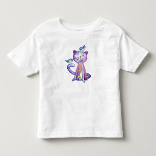 Cute Whimsical Purple Cat with Birds Toddler T-Shirt