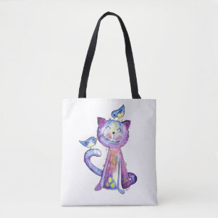 Cute Whimsical Purple Cat with Birds Tote Bag