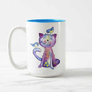 Cute Whimsical Purple Cat with Birds Two-Tone Coffee Mug