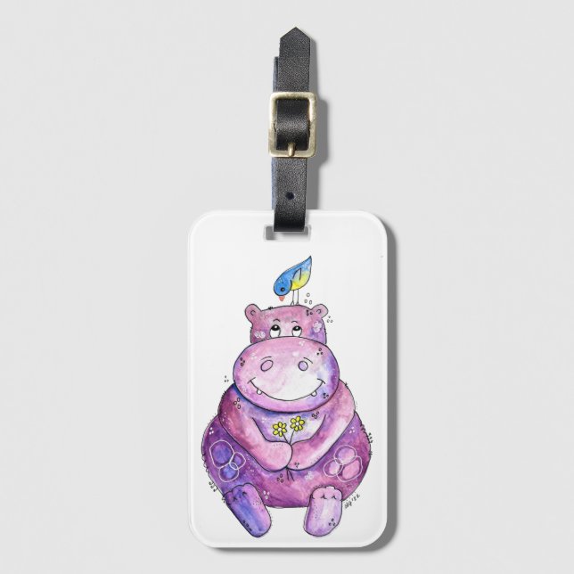Cute Whimsical Purple Hippo Luggage Tag (Front Vertical)