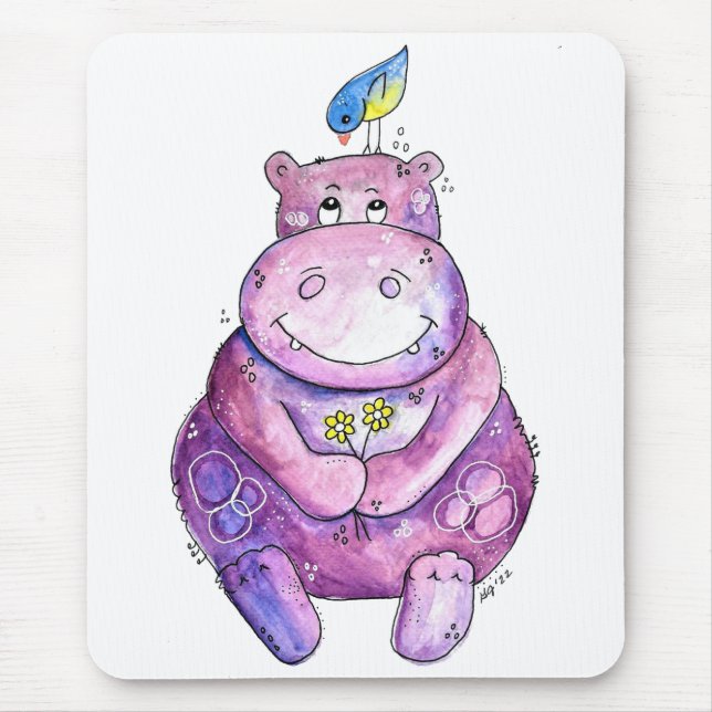 Cute Whimsical Purple Hippo Mouse Mat (Front)
