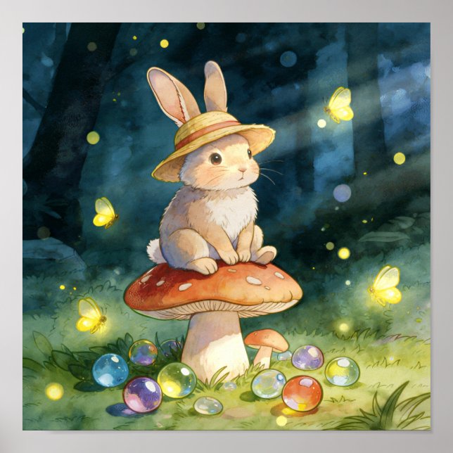 Cute Whimsical Rabbit on Mushroom Magical Forest Poster (Front)
