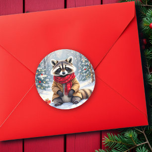 Cute Whimsical Raccoon Christmas Classic Round Sticker