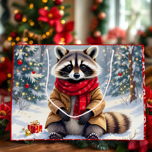 Cute Whimsical Raccoon Christmas   Large Gift Bag
