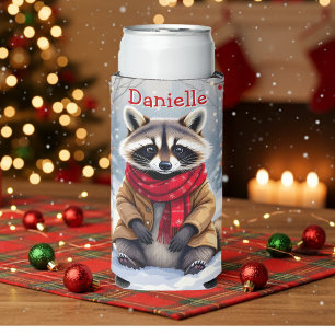 Cute Whimsical Raccoon Christmas Personalized Seltzer Can Cooler