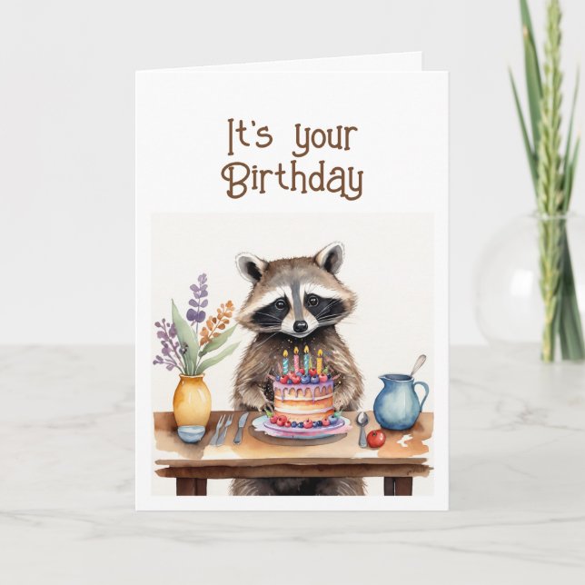 Cute Whimsical Racoon Birthday Eat the Cake Holiday Card (Front)