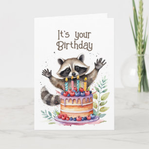 Cute Whimsical Racoon Birthday Eat the Cake Holiday Card