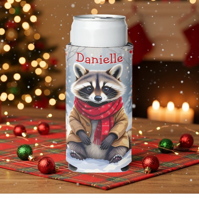 Cute Whimsical Racoon Christmas Personalised Seltzer Can Cooler (Creator Uploaded)