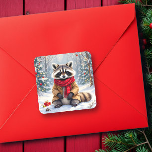 Cute Whimsical Racoon Christmas Square Sticker
