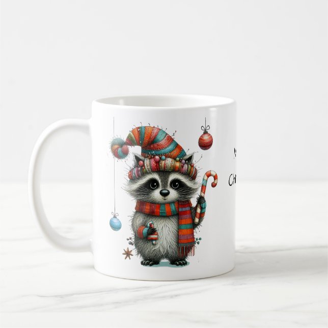 Cute Whimsical Racoon Merry Christmas Coffee Mug (Left)