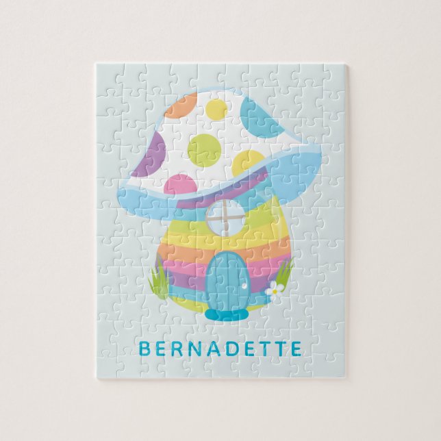 Cute Whimsical Rainbow Mushroom House Blue Name Jigsaw Puzzle (Vertical)