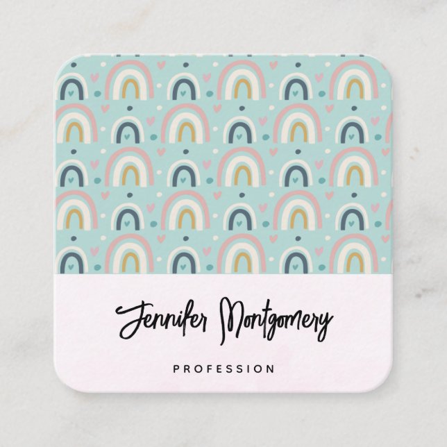 Cute Whimsical Rainbow Pattern Square Business Card (Front)