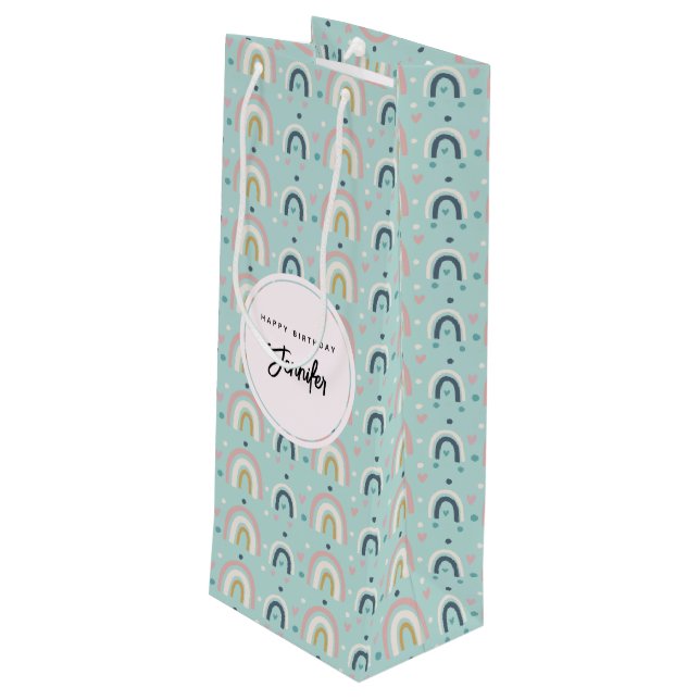 Cute Whimsical Rainbow Pattern Wine Gift Bag (Back Angled)