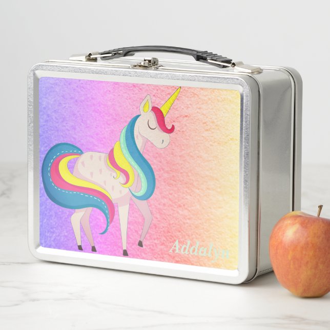 Cute Whimsical Rainbow Unicorn Your Name Metal Lunch Box (In Situ)