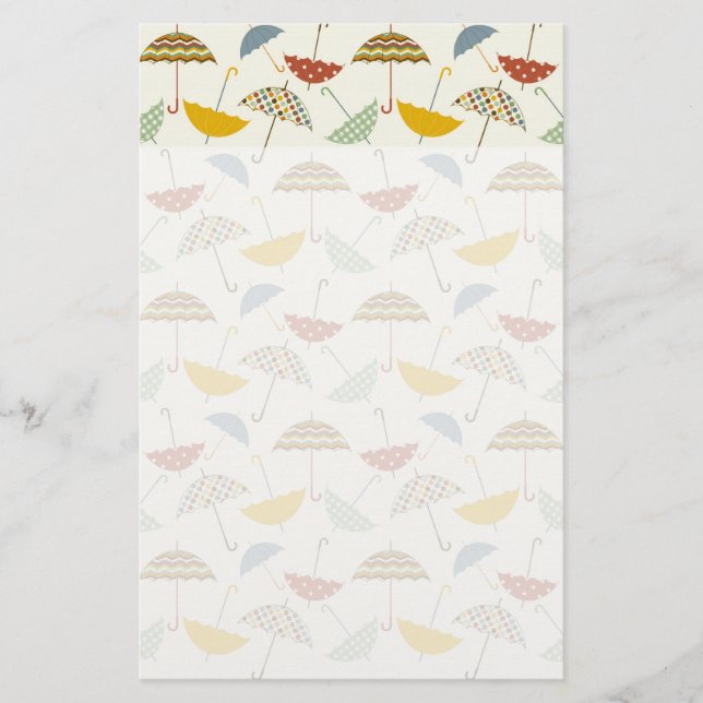 Cute Whimsical Rainy Day Umbrella Pattern Stationery (Front)