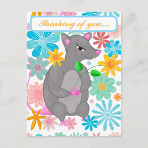 Cute whimsical rat colourful flowers postcard