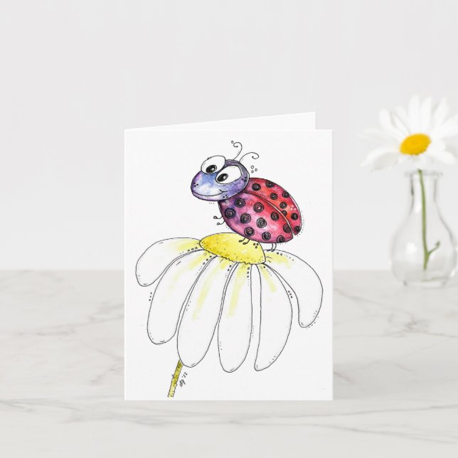 Cute Whimsical Red Ladybug on a White Flower Card (Small Plant)