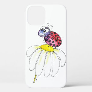 Cute Whimsical Red Ladybug on a White Flower iPhone 12 Case