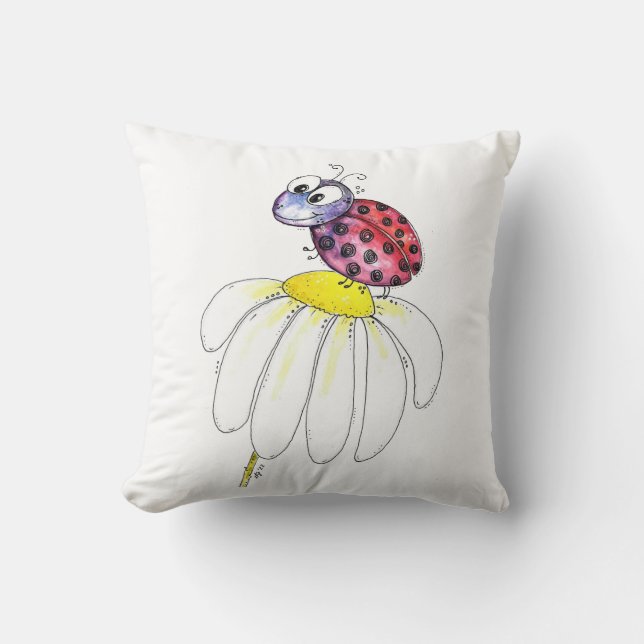 Cute Whimsical Red Ladybug on a White Flower Cushion (Front)