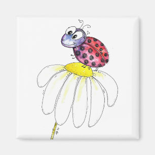 Cute Whimsical Red Ladybug on a White Flower Magnet