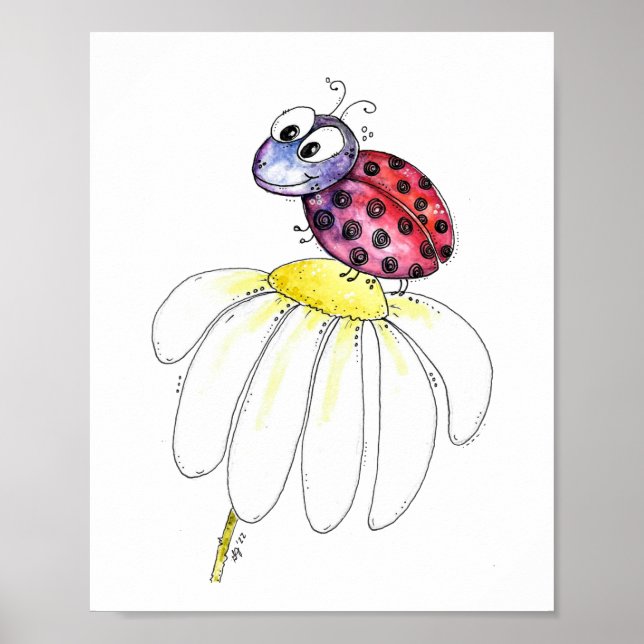 Cute Whimsical Red Ladybug on a White Flower Poster (Front)