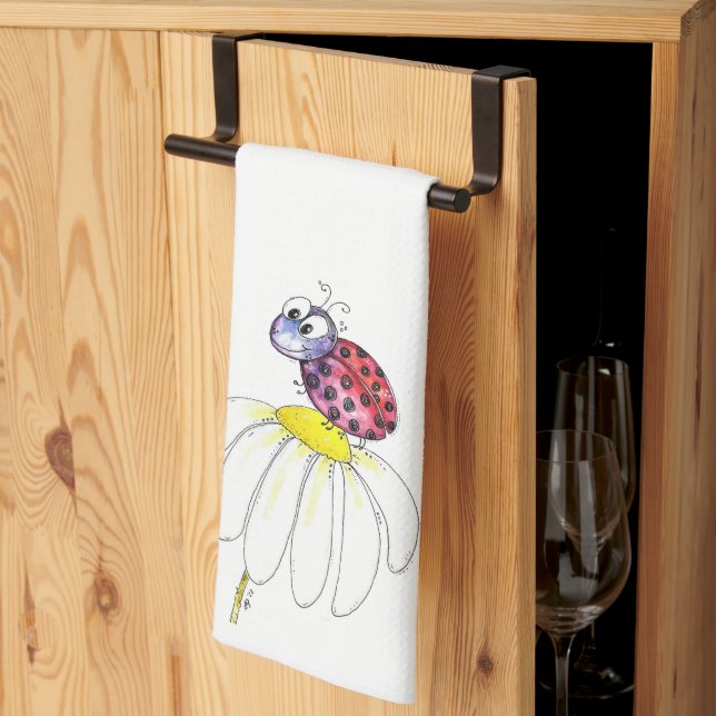 Cute Whimsical Red Ladybug on a White Flower Tea Towel (Thirds Fold)