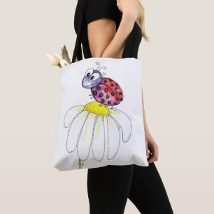 Cute Whimsical Red Ladybug on a White Flower Tote Bag