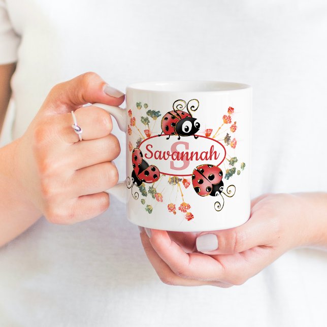 Cute Whimsical Red Ladybugs Flowers Kids Monogram Coffee Mug (Creator Uploaded)