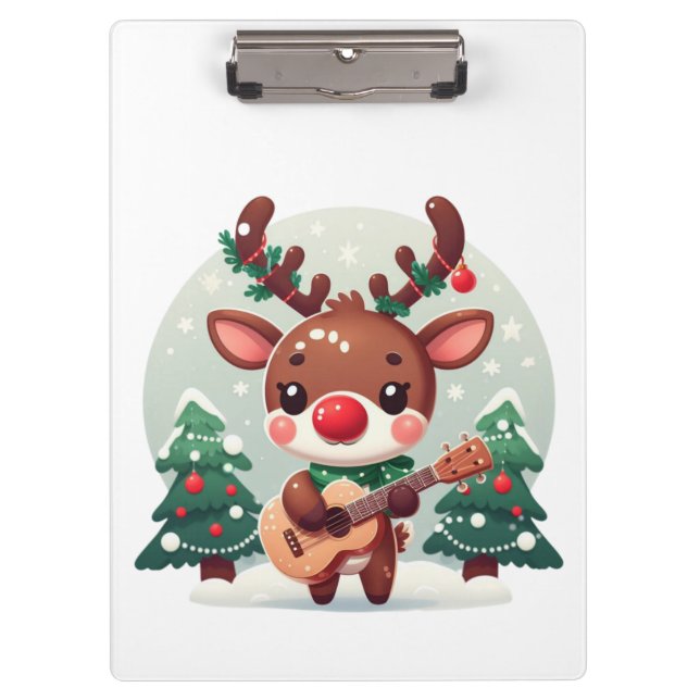 Cute Whimsical Reindeer with guitar Clipboard (Front)