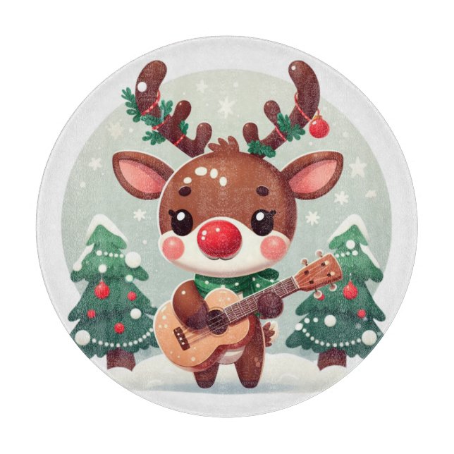 Cute Whimsical Reindeer with guitar Cutting Board (Front)