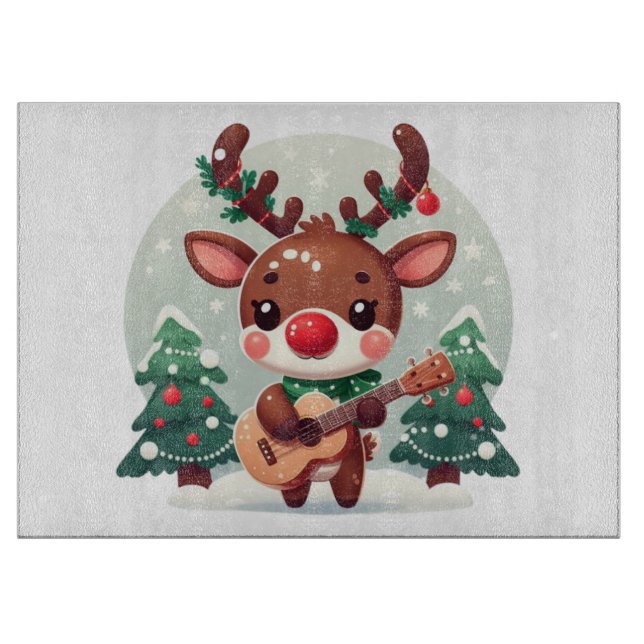 Cute Whimsical Reindeer with guitar Cutting Board (Front)